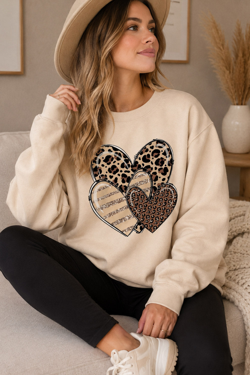 Women's Leopard Print Heart Sweatshirt – Striped Long Sleeve Crew Neck